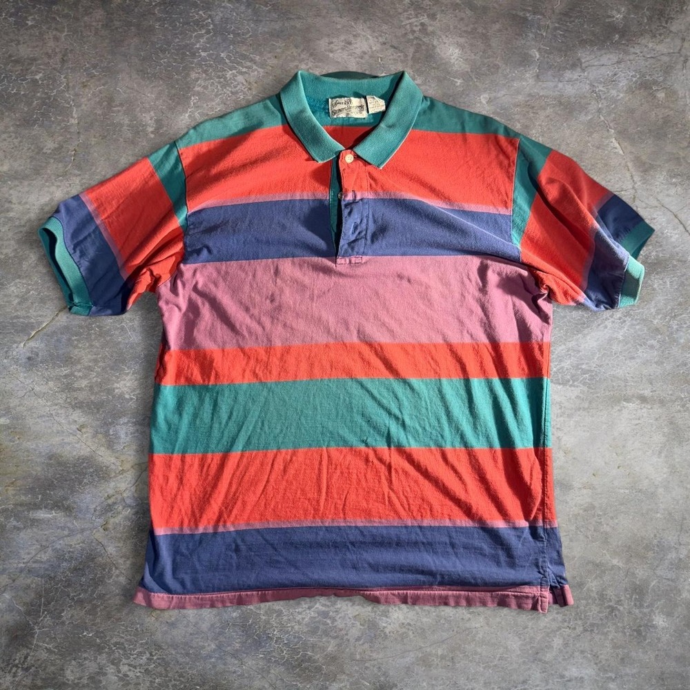 Vintage Sears Roebuck Striped Polo Shirt Mens Large 90s Colorblock Cotton Retro
